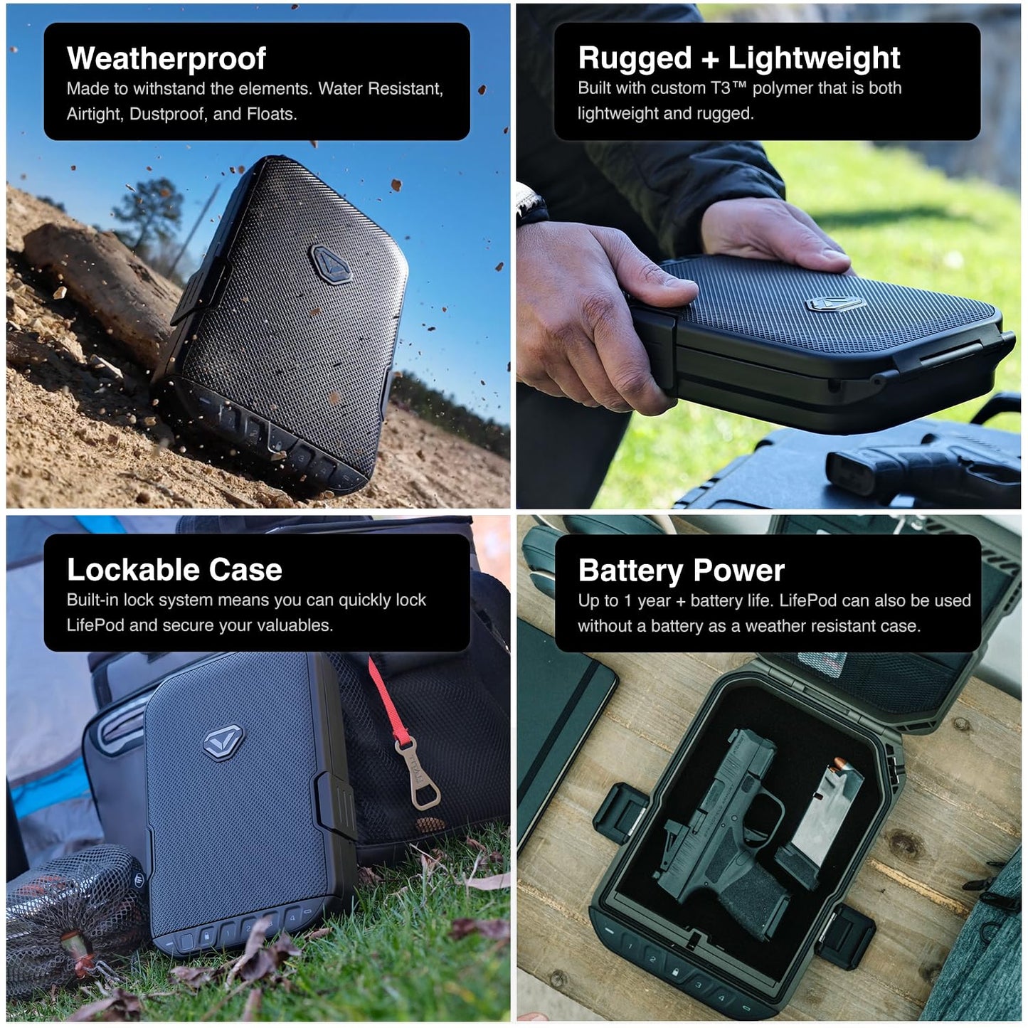 VAULTEK LifePod 10 Compact Lockable Weatherproof Case with Built-in Lock, Steel Security Cable, & TSA Handgun Case or Car Safe, Portable Travel Pistol Safe/Covert Black/Biometric