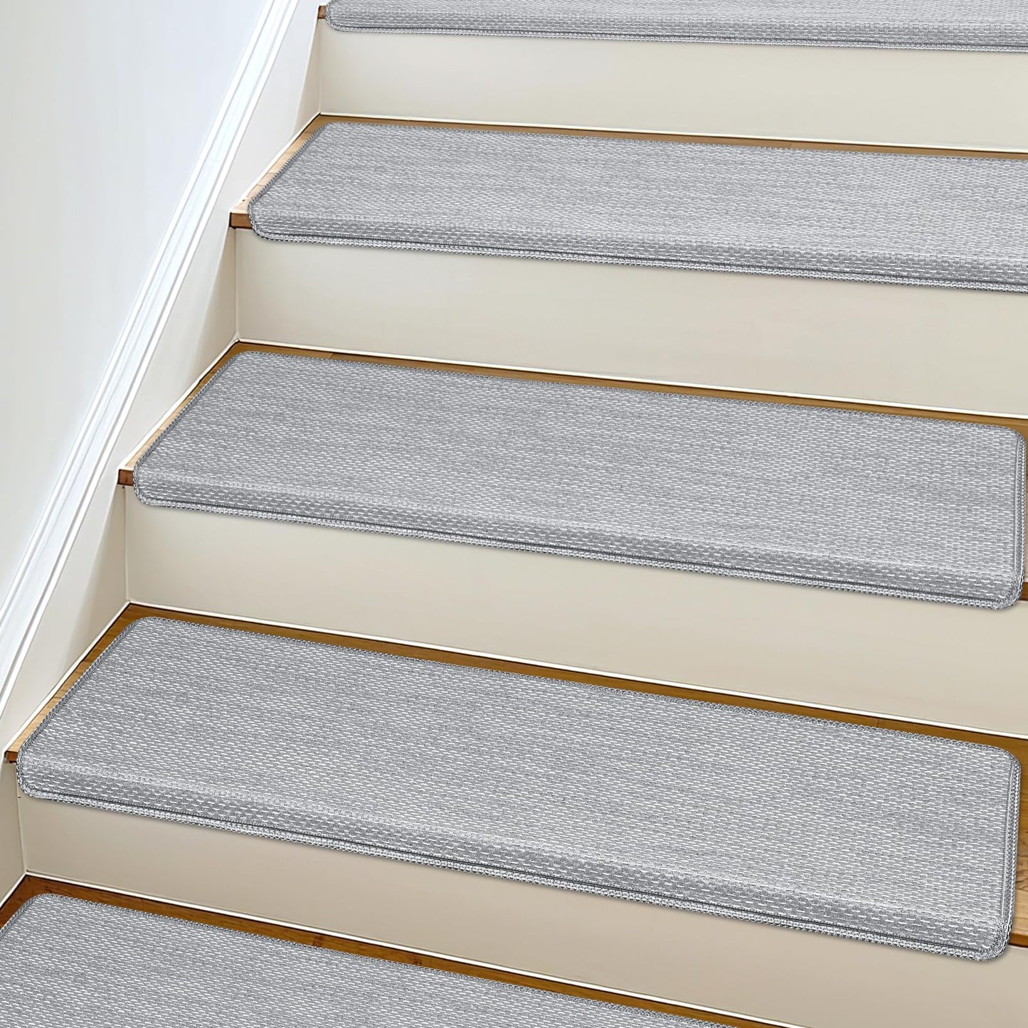 SMILOOL Bullnose Carpet Stair Treads Non Slip for Wooden Steps Indoor, 9.5" x 35" 2 Pieces, Extra Wide Bull Nose Carpet Runners for Wood Stairs, Step Covers, Stair Tread Rugs, Washable, Light Grey