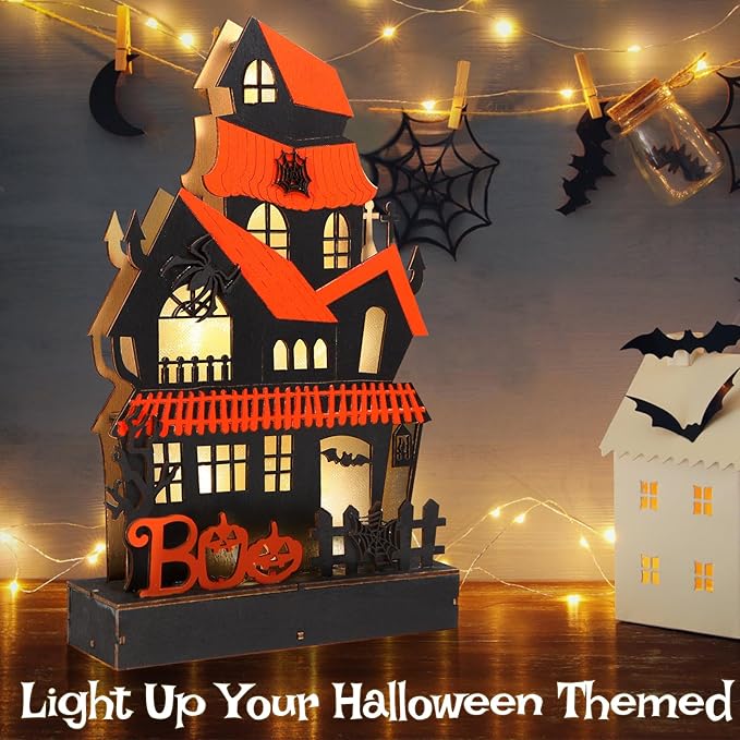 Halloween Decorations Indoor Haunted House Lights, Wooden Tabletop Decoration for Home, Battery Operated Light Up Halloween Decor for Desk Table Fireplace Room Party Decor