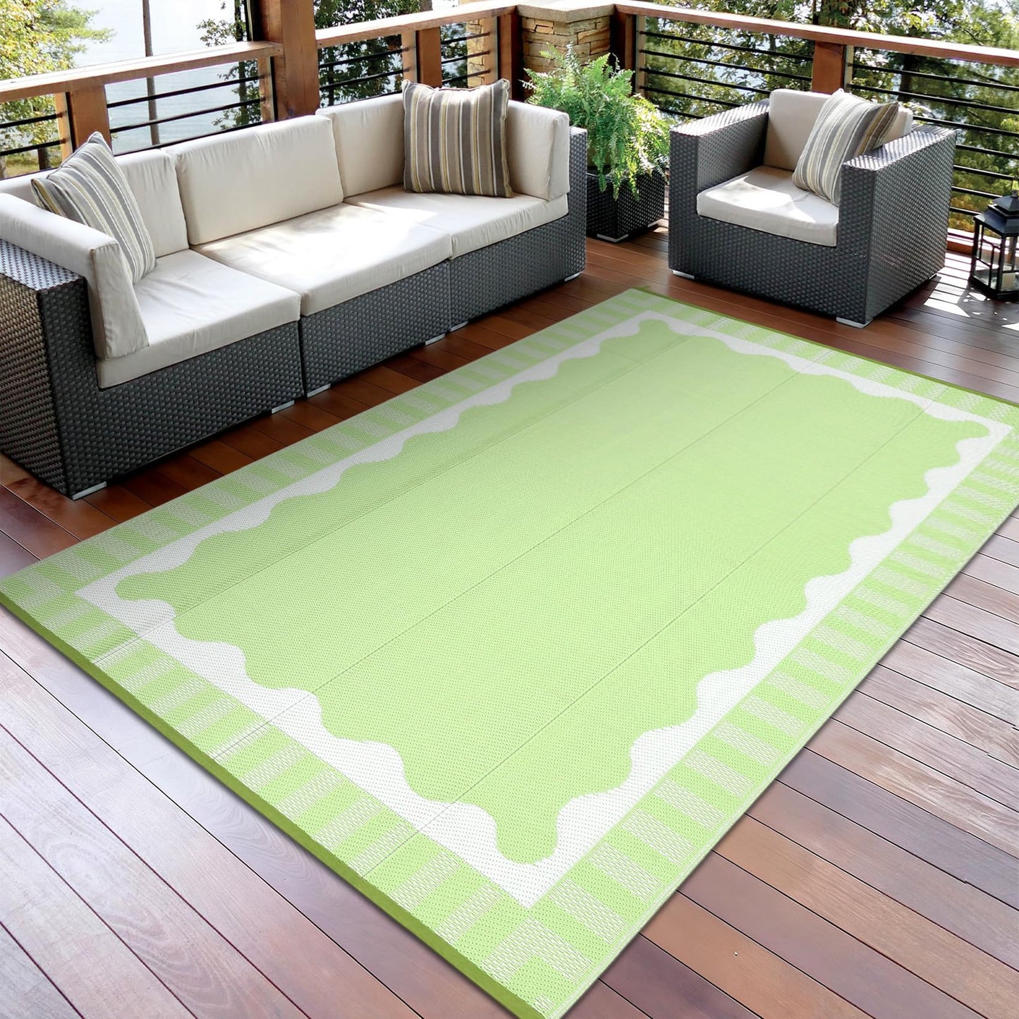 MilleLoom Outdoor Rug 9x12 Modern Scalloped Border Area Rugs for Indoor and Outdoor Patios and Porches - Waterproof, Washable, Non-Shedding, Easy-to-Clean Outside Carpet，Green/White