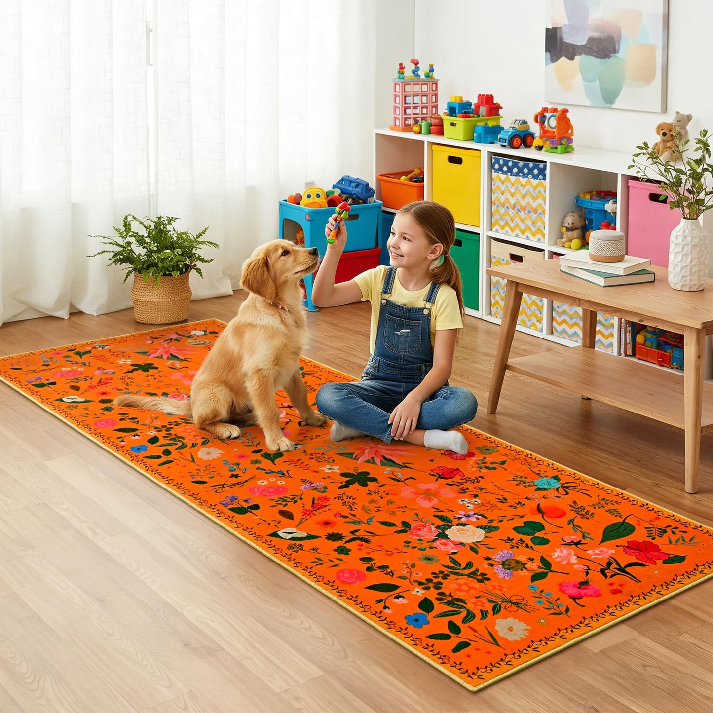 ISEAU Floral Kitchen Rugs 2x6, Washable Boho Flower Area Rug, Non-Slip Low-Pile Carpet with TPE Backing for Bedroom, Kid Friendly Flower Rug for Hallway Nursery Runner Laundry Dining Room, Orange
