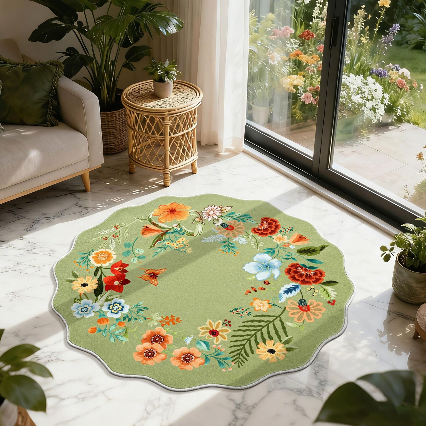 Asrug Scalloped Round Rug 3ft, 3’Green Round Area Floral Rug Low Pile Stain Resistant Non Slip Washable Circle Rugs for Living Kitchen Bedroom Nursery Entryway, Floral Soft Carpet