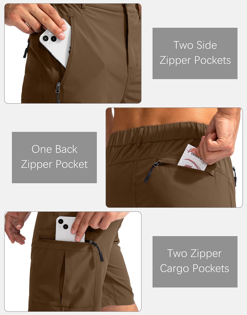 Pudolla Men's Hiking Cargo Shorts 9" Lightweight Outdoor Work Shorts for Men Travel Golf Camping Casual with 5 Zipper Pockets(Brown X-Large)