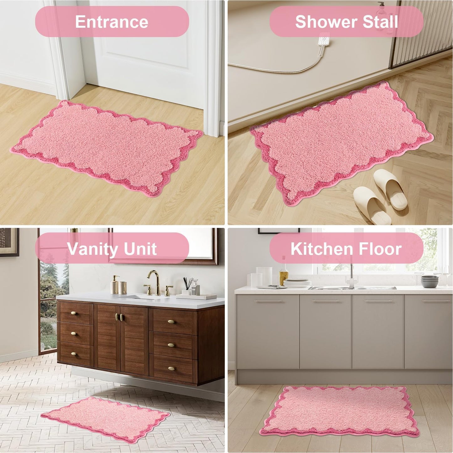 ORTIGIA Cute Pink Scalloped Bath Mat, Fun Plush Microfiber Scallop Bathroom Rugs Non Slip Washable Quick Dry Absorbent, Bathmat Bath Rug Carpet for Shower Stall Vanities Kitchen Floor Entrance, 20x32