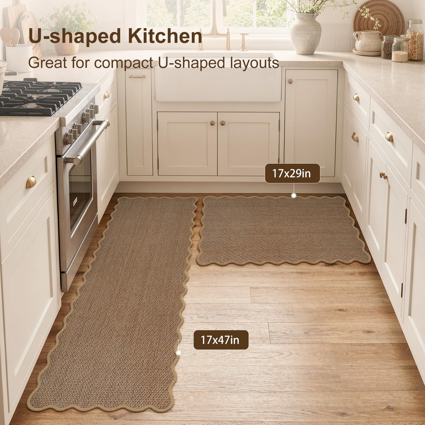 KIMODE Kitchen Rugs and Mats Set of 2,Scalloped Kitchen Mats for Floor,Non Slip Washable Farmhouse Kitchen Runner Rug,Absorbent Braided Kitchen Sink Mats for Kitchen Decor,17"x29"+17"x47",Brown