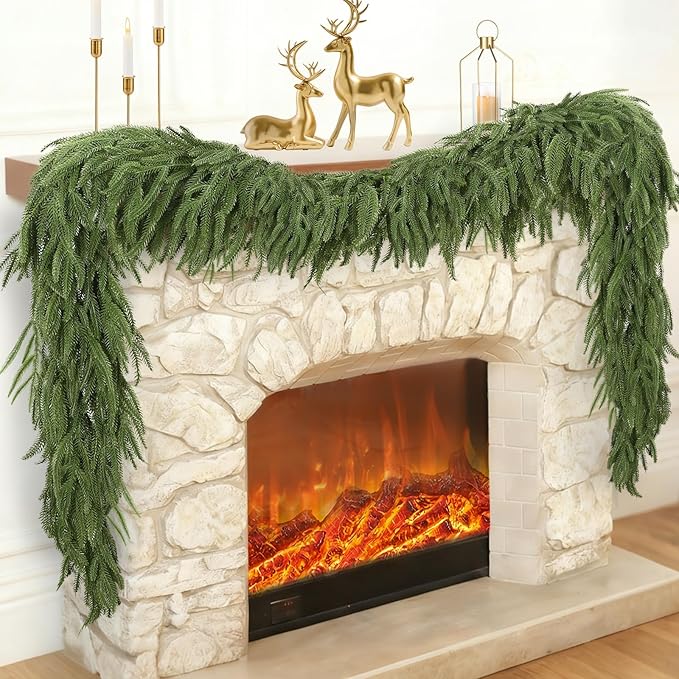 9FT Christmas Norfolk Pine Garland, Realistic Greenery Artificial Garland for Indoor Outdoor Door Porch Fireplace Wall Staircase Holiday Christmas Decor