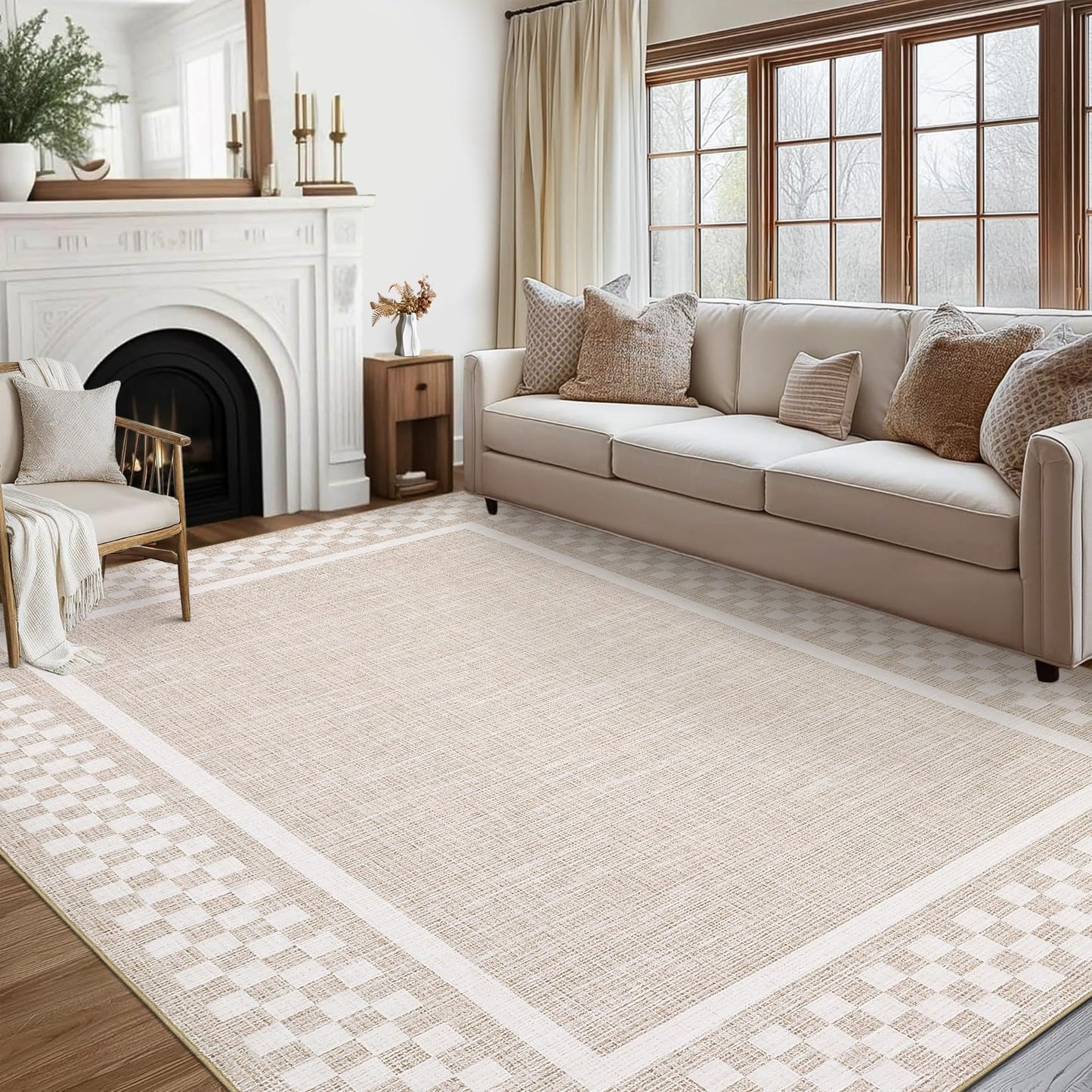 GarveeHome 5x7 Washable Area Rug for Bedroom Living Room Non Slip Modern Bordered Throw Rugs Low Pile Soft Checkered Dining Room Area Rugs Geometric Throw Carpet for Kitchen Nursery Office, Beige