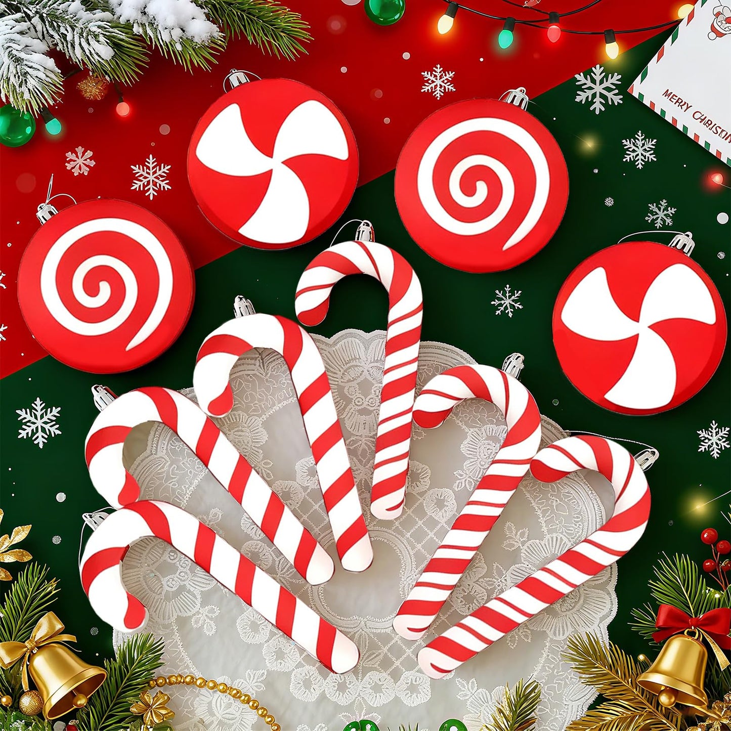 10ct Red and White Christmas Tree Ornaments, Shatterproof Plastic Candy Cane & Lollipop Xmas Decorations for Family, Kids, Candyland Themed Party Supplies