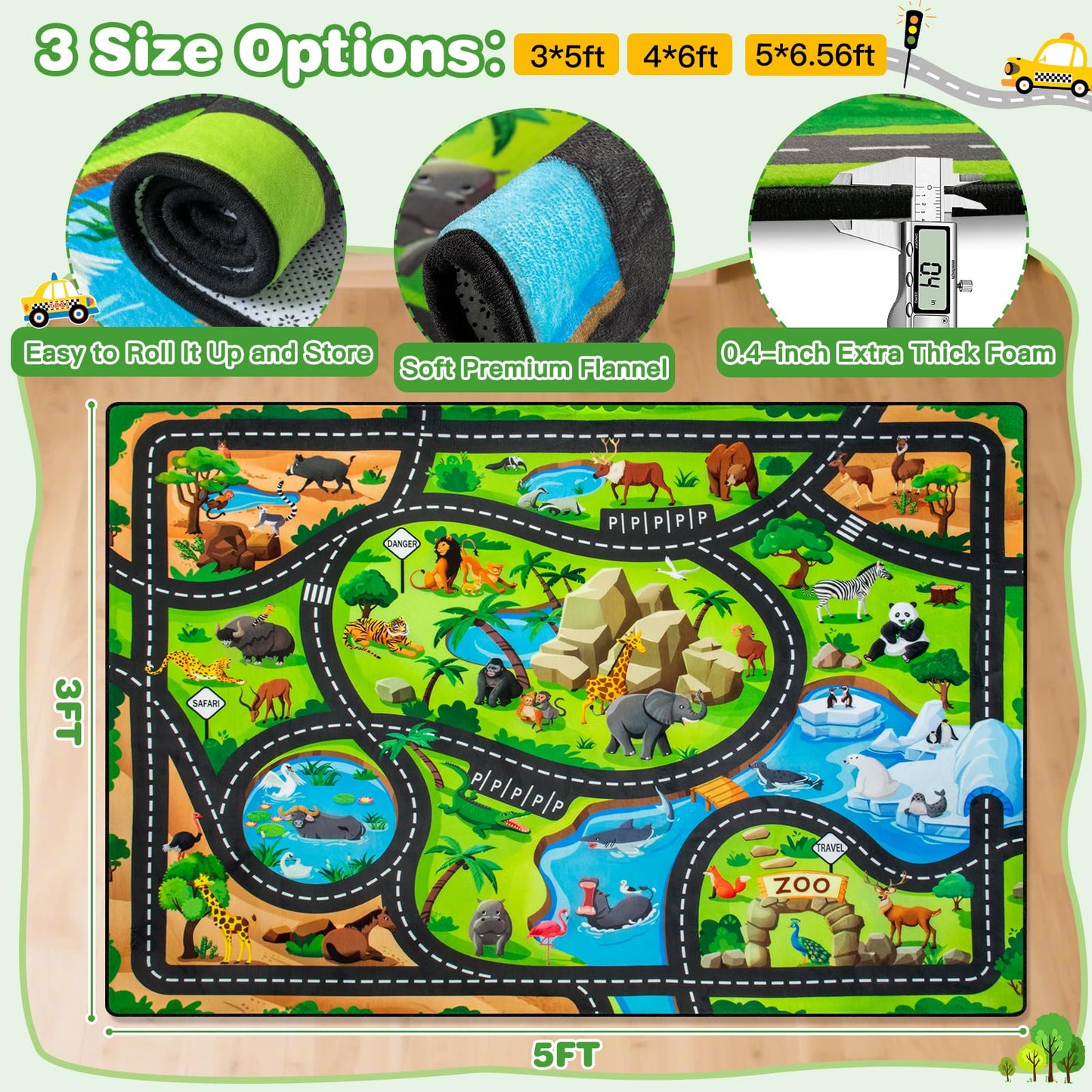 AlphabetAcre Kids Rug, 3x5 Ft Animal Car Rugs for Kids Toy Cars, Extra Thick (0.4in) - Non-Slip Zoo Road Rug Mat Carpet for Playroom & Bedroom, Educational Learning & Game Area