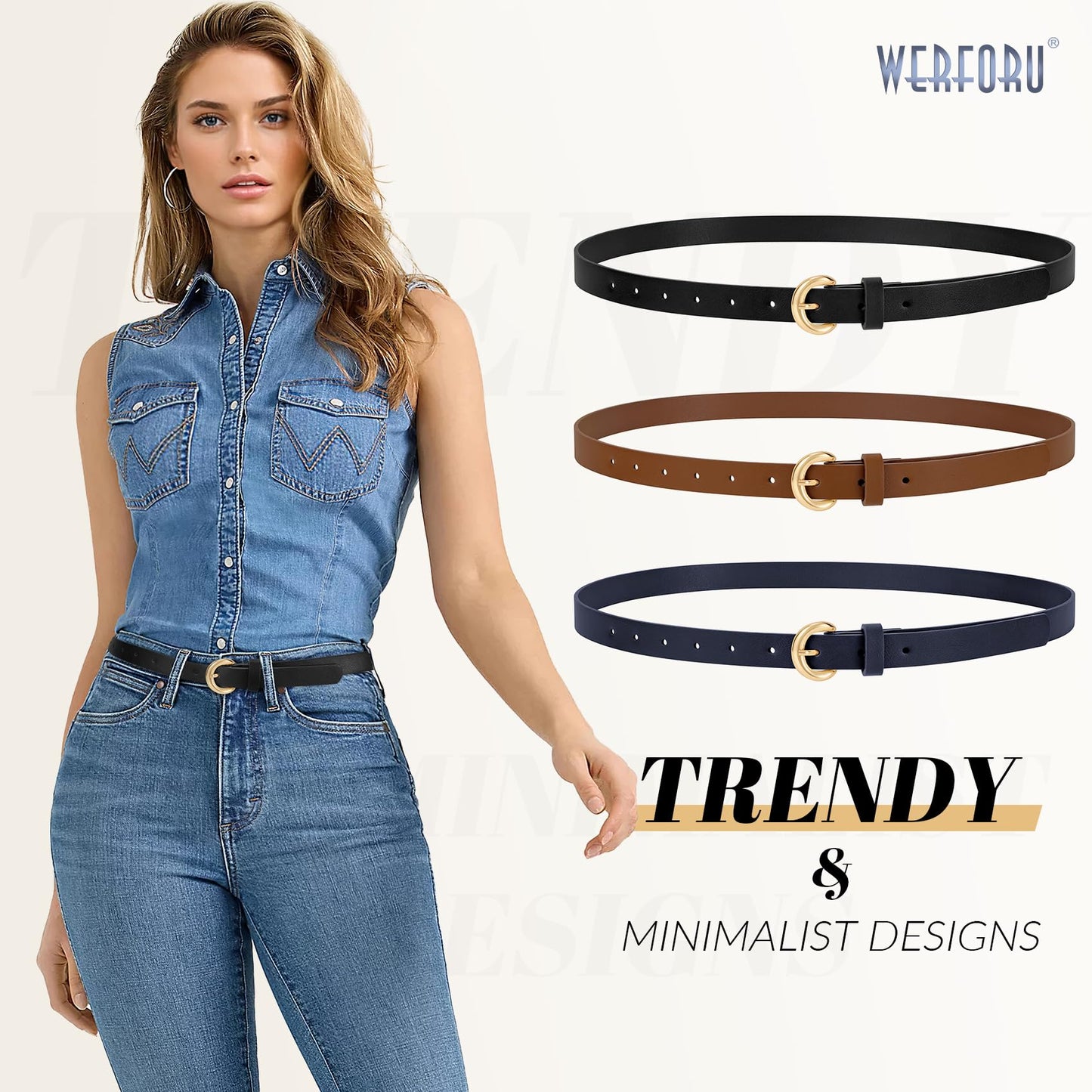 WERFORU 3 Pack Women Skinny Belt Thin Waist Belt for Women Leather Belt with Gold Buckle for Jeans Pants Dress 0.74" Width,Black+Brown+Navy blue,Fit Waist Size 37"-41"