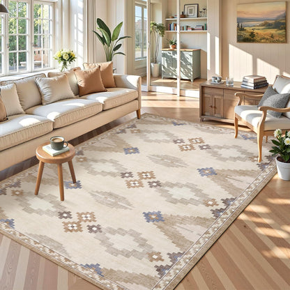 Mid Century Beige Rug 5x7 Washable Large Living Room Area Rugs Non Slip Stain Resistant Boho Tribe Bedroom Throw Carpet Soft Geometric Modern Rugs for Dining Room Dorm Nursery Home Office, Beige