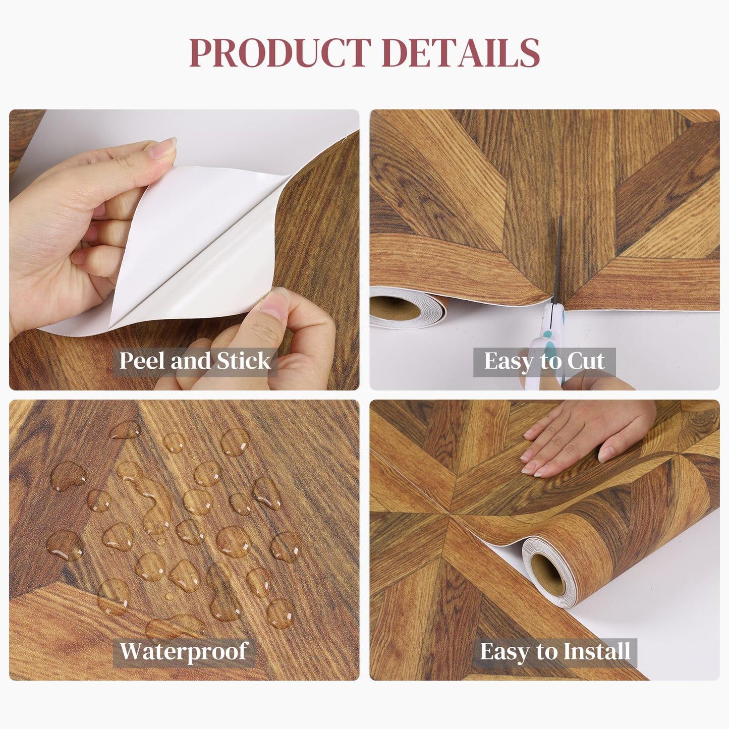 VEELIKE Peel and Stick Vinyl Flooring Roll Waterproof Self Adhesive Wood Grain Parquet Peel and Stick Floor Tile 12''x59'' Vinyl Sheet Linoleum Flooring Roll for Kitchen Bathroom Bedroom Living Room