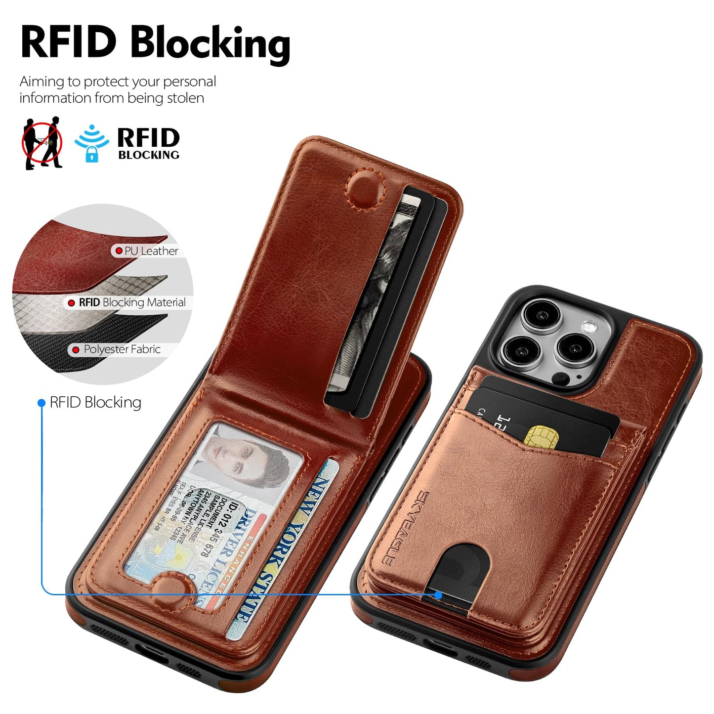 SkyEagle Compatible with Magsafe 2 in 1 Detachable iPhone 15 Pro Max Wallet Case with Card Holder,Women Men Magnetic PU Leather RFID Blocking Flip Kickstand Credit Slots for Apple 15 Pro Max,Brown