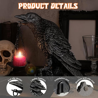 Halloween Decorations Outdoor Indoor Gothic Crow Wall Decor Table Candle Holder Raven Tealight Statue for Yard Patio Garden Bedroom Half Silver