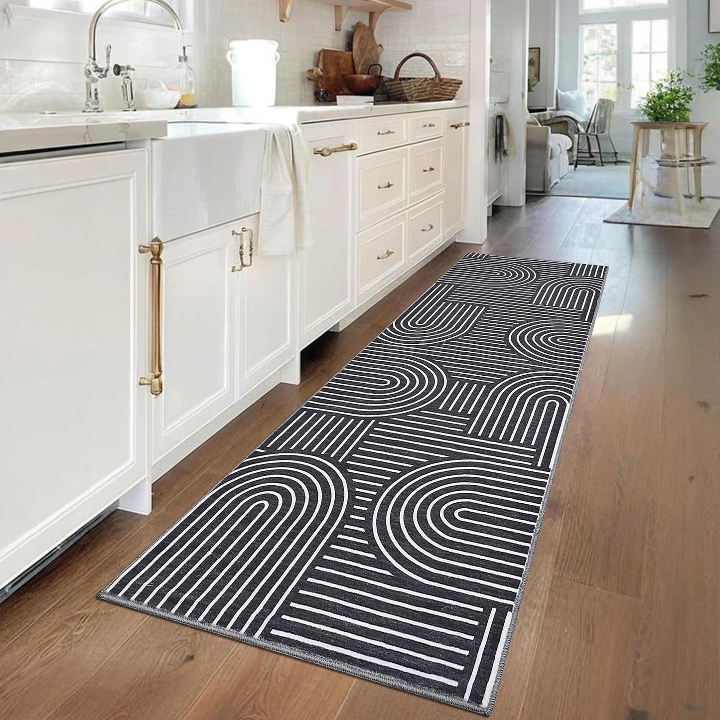 ROYHOME Modern Rug 2x6 Runners for Hallways, Abstract Kitchen Runner Rugs Non Slip Bath Runner, Rainbow Washable Runner Rug for Bedroom, Soft Long Rugs for Entryway Bathroom Laundry Dorm, Black