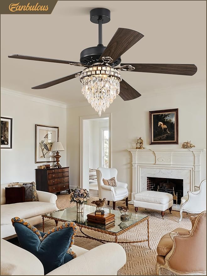 Fanbulous 60 Inch Farmhouse Fandelier Ceiling Fans with Light, Crystal Ceiling Fan Chandelier with 6 Speeds, Quiet Reversible Noiseless DC Motor, 3CCT, Indoor Ceiling Fan for Living Room Bedroom