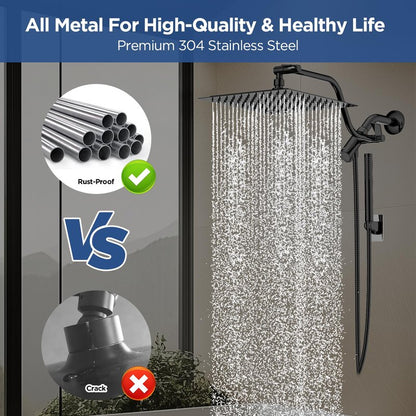 HOPOPRO 10” All Metal Rainfall Shower Head Combo with Handheld Spray, High Pressure Showerhead Combination, Adjustable Dual Showerheads with Extension Arm, Full-Body Coverage Shower Experience, Black