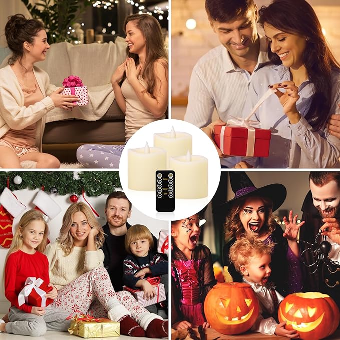 Flameless Candles with Remote & Timer - 3×3'' Ivory Pillar LED Candles Battery Operated,Fake Candles for Indoor Outdoor - Realistic Flickering Flame Holiday Wedding Church Decor (3-Pack)