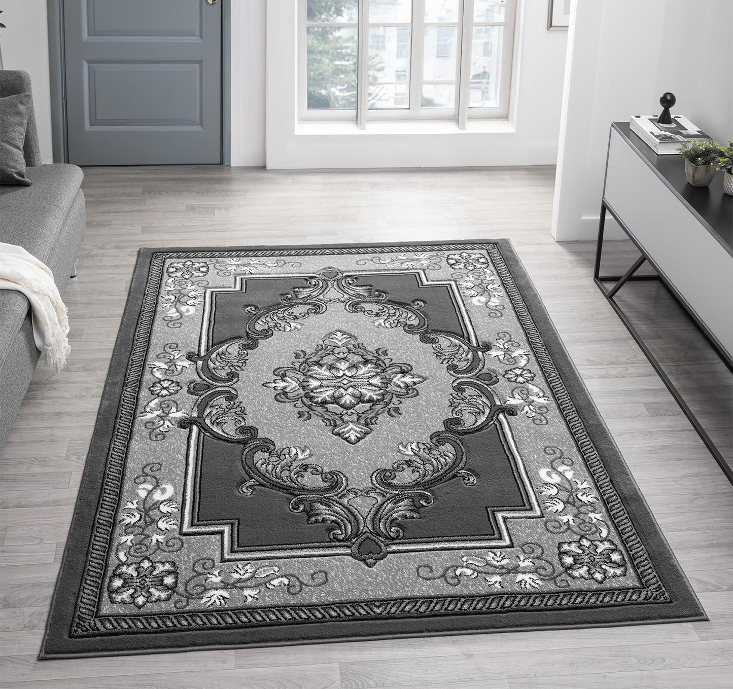 Modern Traditional Area Rug Hand Carved Oriental Floral Bohemian Vibrant Colors Carpet for Living Room Bedroom Design 9206 (Grey, 5' x 7')