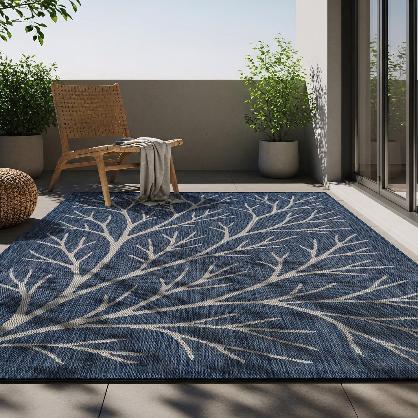 Washable Indoor Outdoor Rug 5x7 Modern Area Rugs Branch Pattern Non Shedding Waterproof Easy Clean Patio Deck Porch Living Room Bedroom Garden RV (5 X 7 Blue)