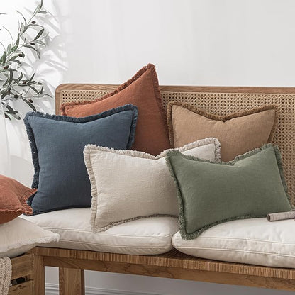 MIULEE Decorative Throw Pillow Covers Neutral Linen Fringe Throw Pillows Set of 2 Brick Boho Farmhouse Cushion Covers with Tassels for Couch Sofa Bed Living Room Spring Home Decor 16x16 Inch