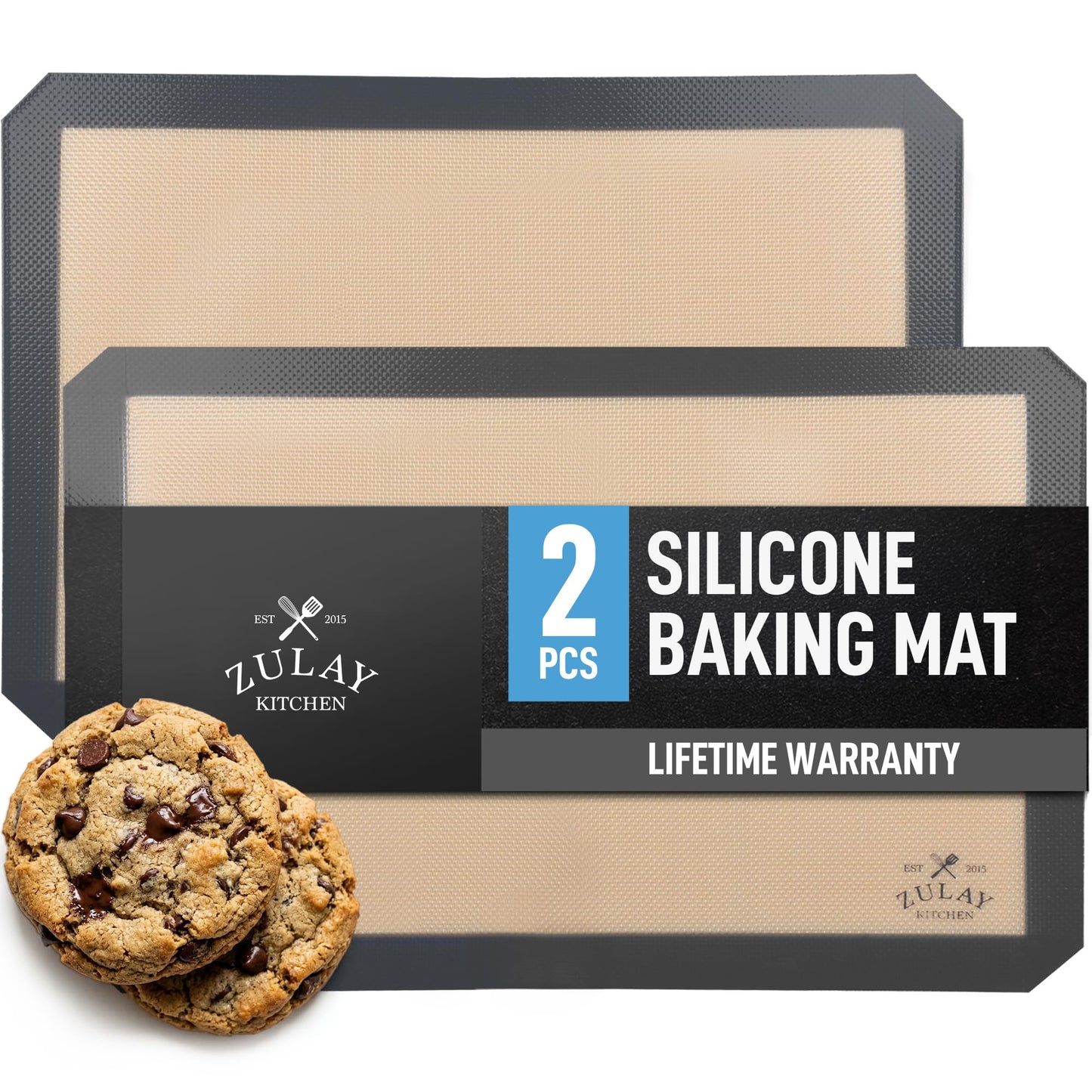 Zulay Kitchen Silicone Baking Mat 2 Pack – 16.5"×11.6" BPA-Free Reusable Baking Sheet, Heat Resistant 480°F – Non-Slip Border, Perfect for Cookies, Bread, Pastries & Oven Use - (Dark Gray)