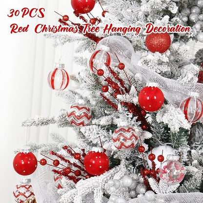 SY Super Bang 30PCS Red Christmas Ornaments Set, 60MM/2.36" Clear Plastic Shatterproof Ball Ornaments for Christmas Tree Hanging Decorations, for Home Holiday Party Xmas Decor.