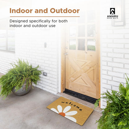 Welcome Daisy - 17"x29" - Coir Door Mat with Heavy Duty Backing - Welcome Mats for Entryway, Porch - Anti-Slip PVC & Coconut Fiber Surface - Natural Home Accessories, Minimalist Original Design