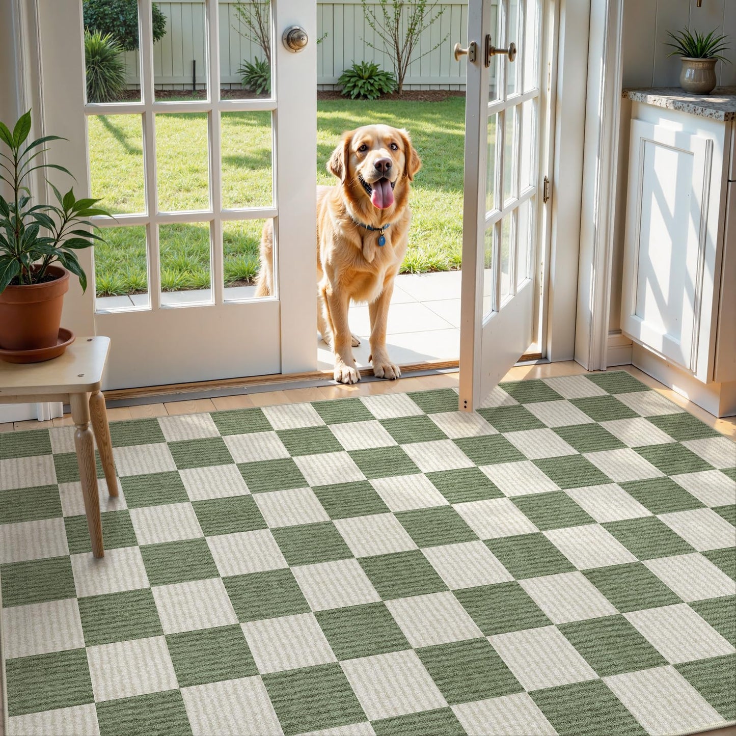 LIVEBOX 4x6 Washable Area Rug Checkered, Non-Slip Small Entryway Rug Green Farmhouse Neutral Geometric Kids Boys Rug for Bedroom Living Room Low-Pile Carpet for Classroom Playroom(Sage Green 4'x6')
