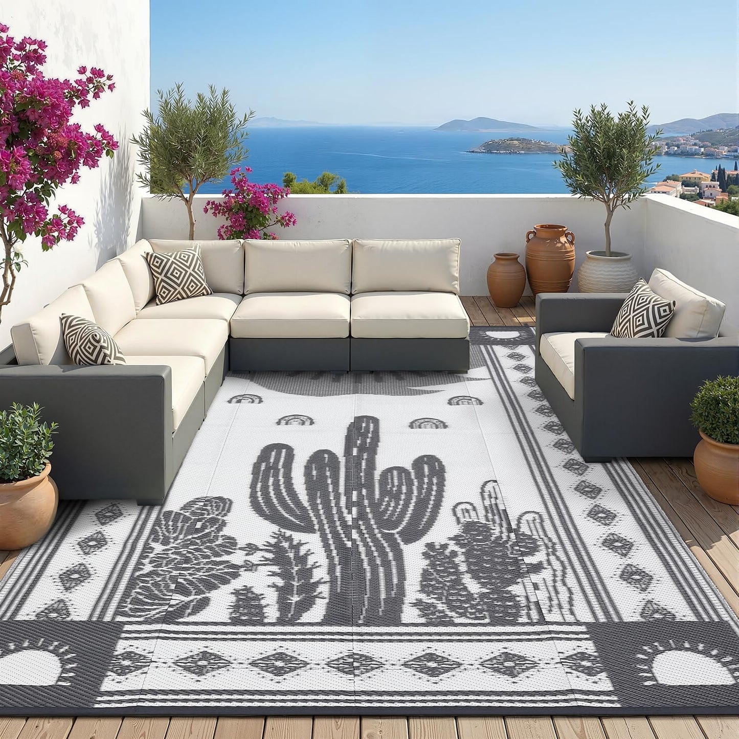 Garvee Reversible Cactus Outdoor Rug 8x10 for Patio, Waterproof Outdoor Area Rug, Modern Desert Botanical Indoor Outdoor Rugs, Plastic Straw Rug for RV, Camping, Deck, Grey