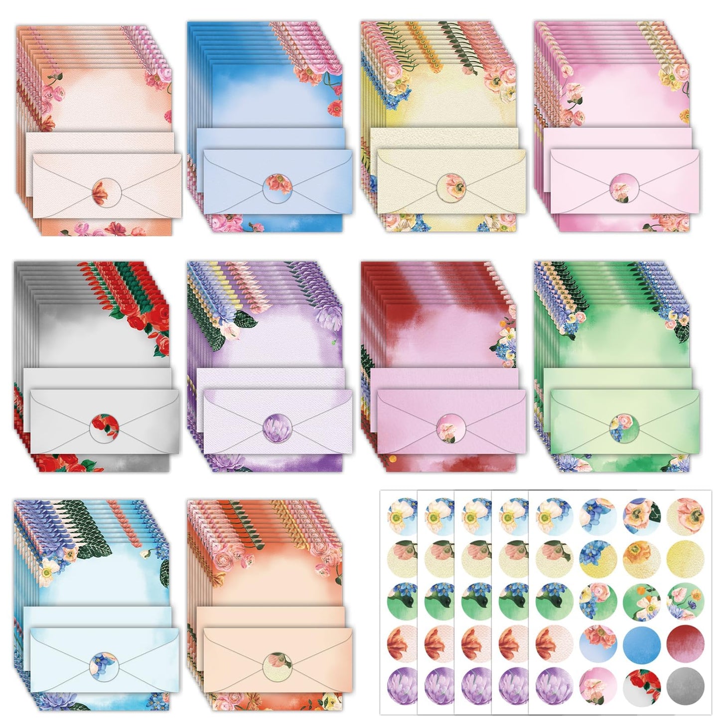 EggSun 250Pcs Watercolor Stationery Paper and Envelope Set with 100 Letterhead Papers and 50 Envelopes, 10 Design for Letter Writing,Invitations Computer Holidays Party Notes, 8.5x11 Inch-Floral
