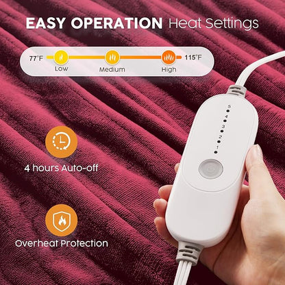 HYLEORY Heated Electric Blanket Throw 50"x60" Soft Fleece & Flannel with 5 Heating Levels & 3 Hours Timer Auto Shutt Off, ETL Certified, Washable，Heated Blanket for Body-Red