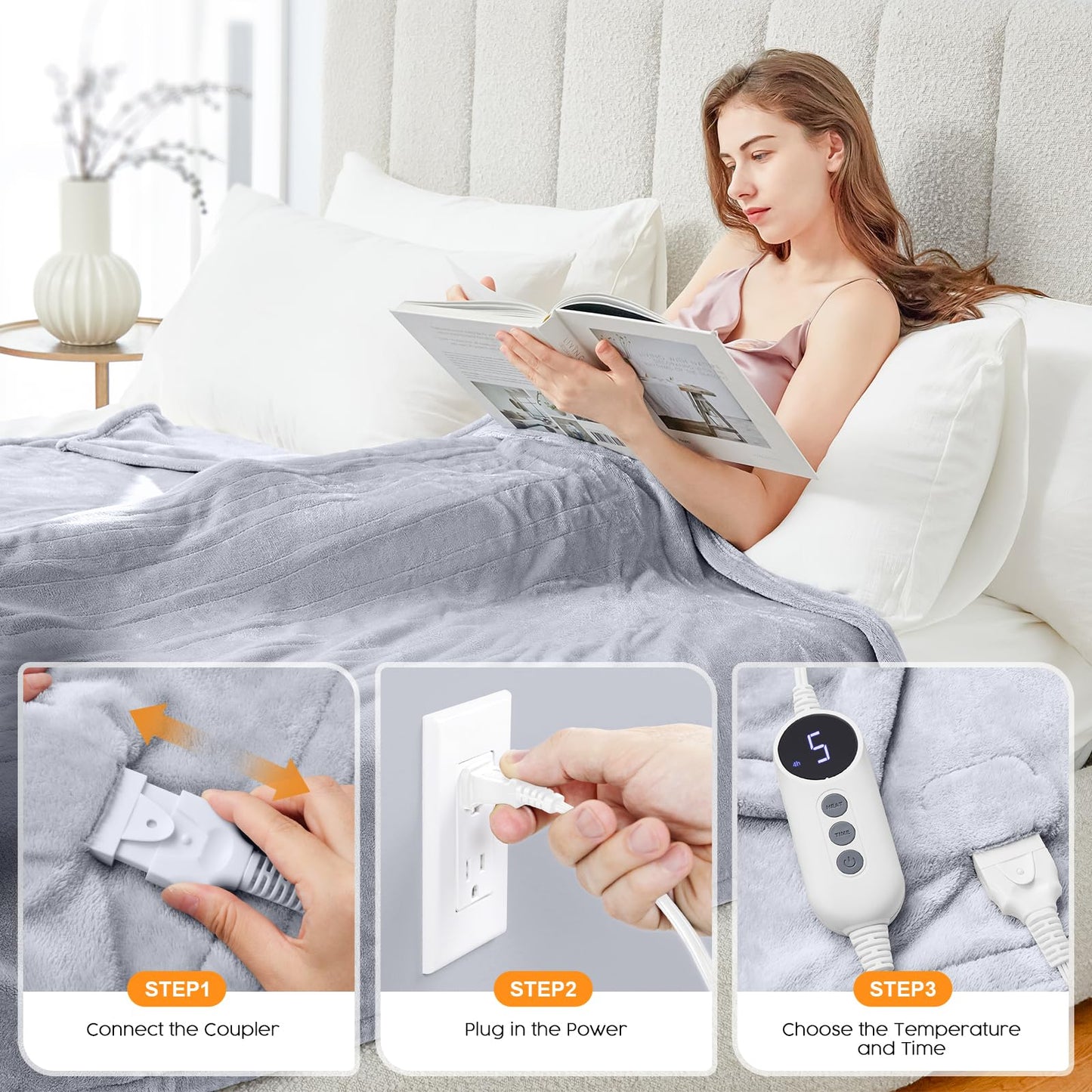 HYLEORY Heated Electric Blanket Throw, 2-Layer Cozy Warm Flannel 50" x 60", Heating Blanket with 9 Heating Levels, 2/4/6/10 Hours Auto Off, Fast Heating Winter Blanket, Dark Grey