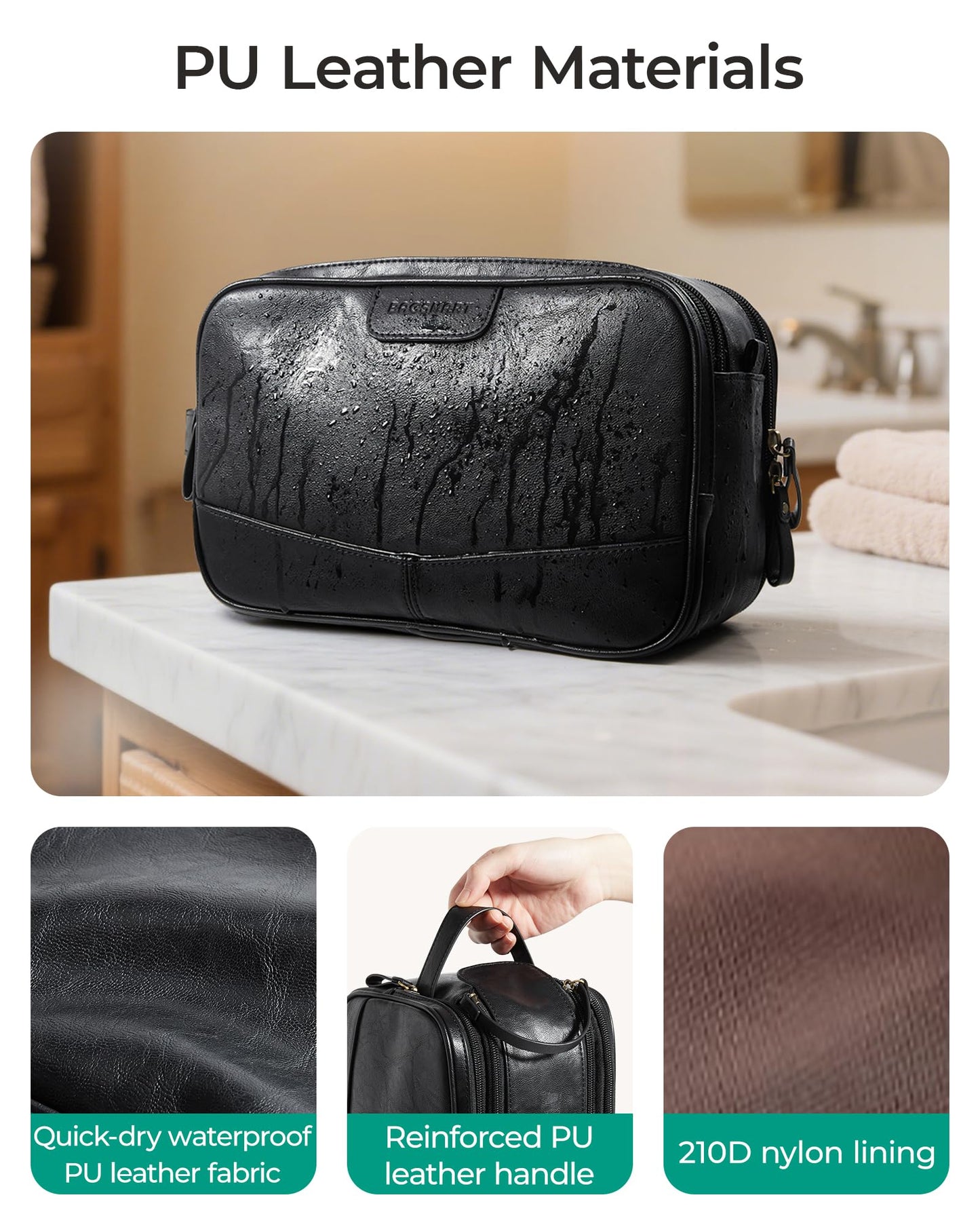 BAGSMART Medium Toiletry Bag for Men, PU Leather Travel Bag for Toiletries, Dopp Kit Water Resistant Shaving Bag for Bathroom Shower-Camel