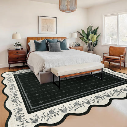 Garvee Washable Rugs for Living Room 8x10 Area Rugs for Bedroom Scalloped Rug Modern Bordered Non Slip Large Kids Bedroom Carpet Indoor Stain Resistant Floor Cover for Dining Room Office Nursery Black