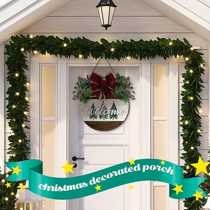 Boao Christmas Door Decorations Wooden Merry Christmas Welcome Front Door Sign Hanger with Red Buffalo Plaid Bow Xmas Wreaths for Outdoor Porch Farmhouse Decor