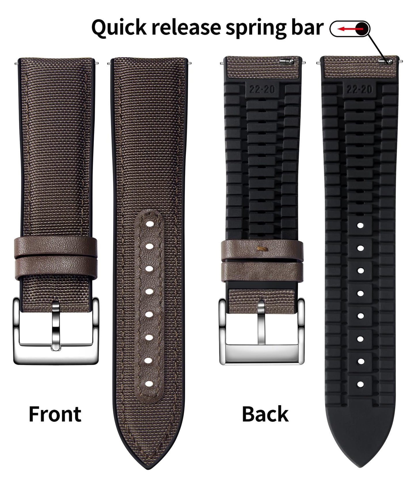 BINLUN Nylon Silicone Watch Bands 18mm 19mm 20mm 21mm 22mm Quick Release Canvas Rubber Hybrid Watch Strap Replacement Watchband for Men Women 9 Colors Silver/Black Buckle(Dark Brown-Silver,19mm)