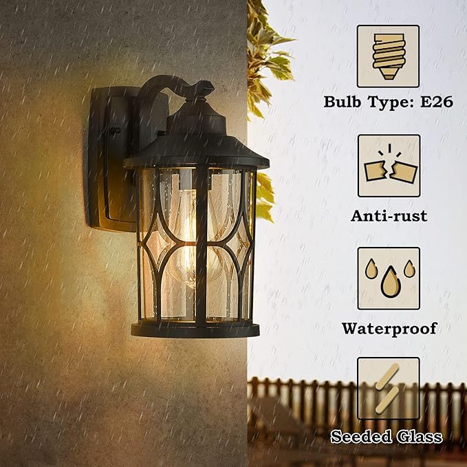 zeyu 2 Pack Outdoor Wall Lights, Exterior Light Fixture for Front Porch House, Die-Cast Aluminum with Seeded Glass, Black Finish, ZX48B-2PK BK