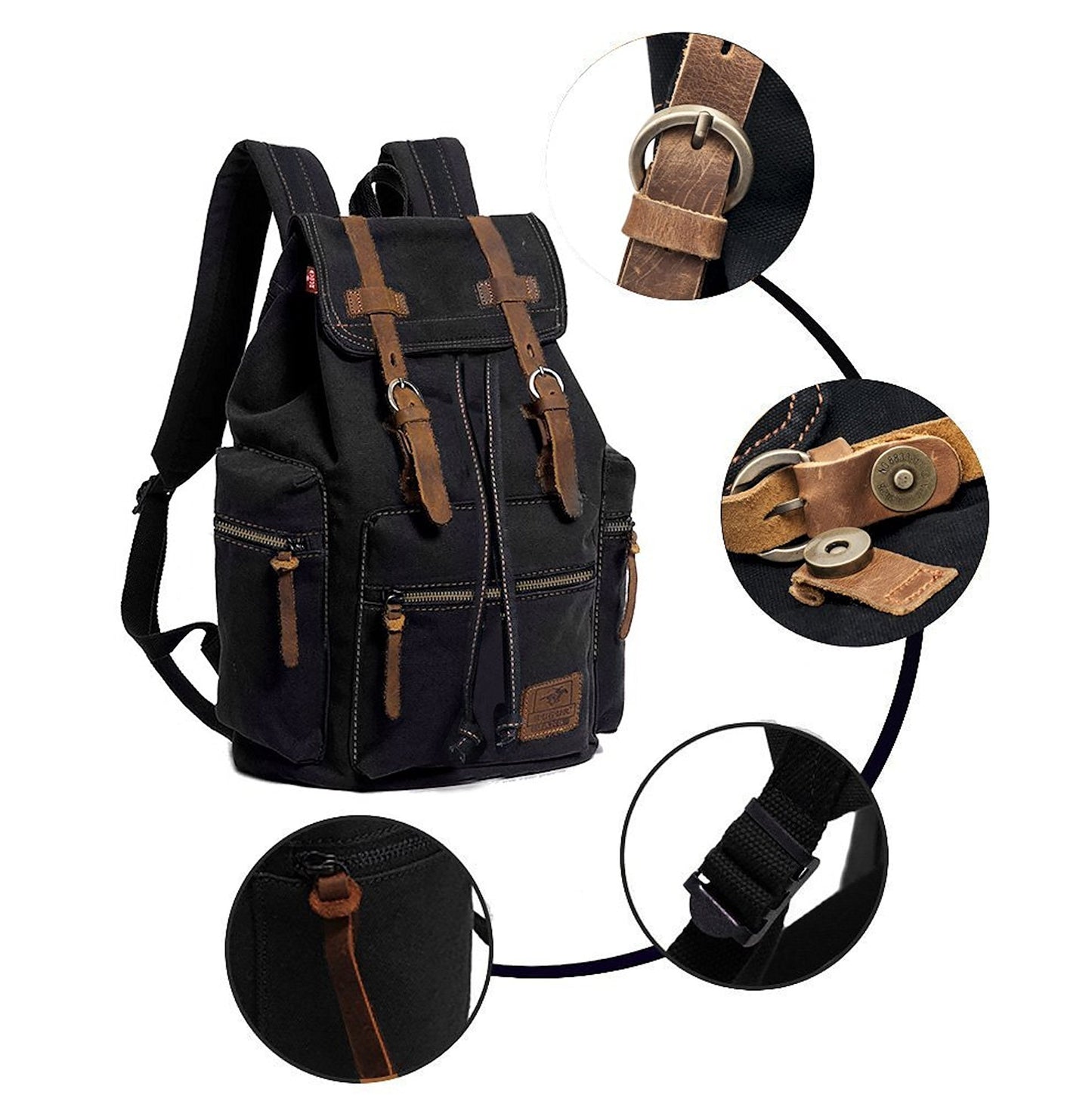 HuaChen Vintage Canvas Travel Backpack with Leather Trim, Laptop Padded Sleeve, Hidden Back Security Pocket, Fits 14-Inch, M32 Black