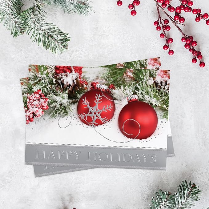 Masterpiece Holiday Ornament Sparkle Christmas Cards / 16 Boxed Holiday Card Set With Silver Foil Accents And Coordinating Envelopes / 5 5/8" x 7 7/8" Folded Winter Holidays Greeting Cards With Inside