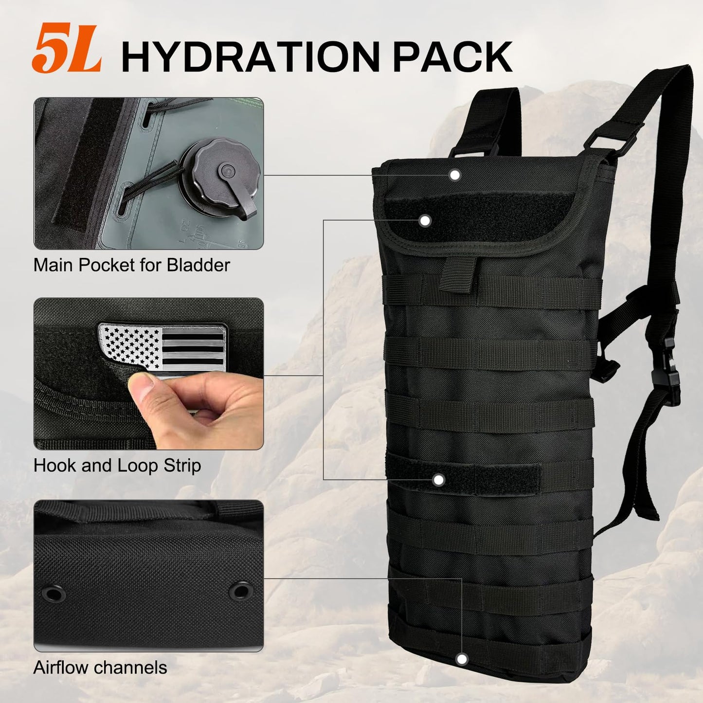 Hannibal Tactical 5L Hydration Pack, Water Backpack with 3L Water Bladder, MOLLE System for Outdoor Hiking, Biking, Running, Grey