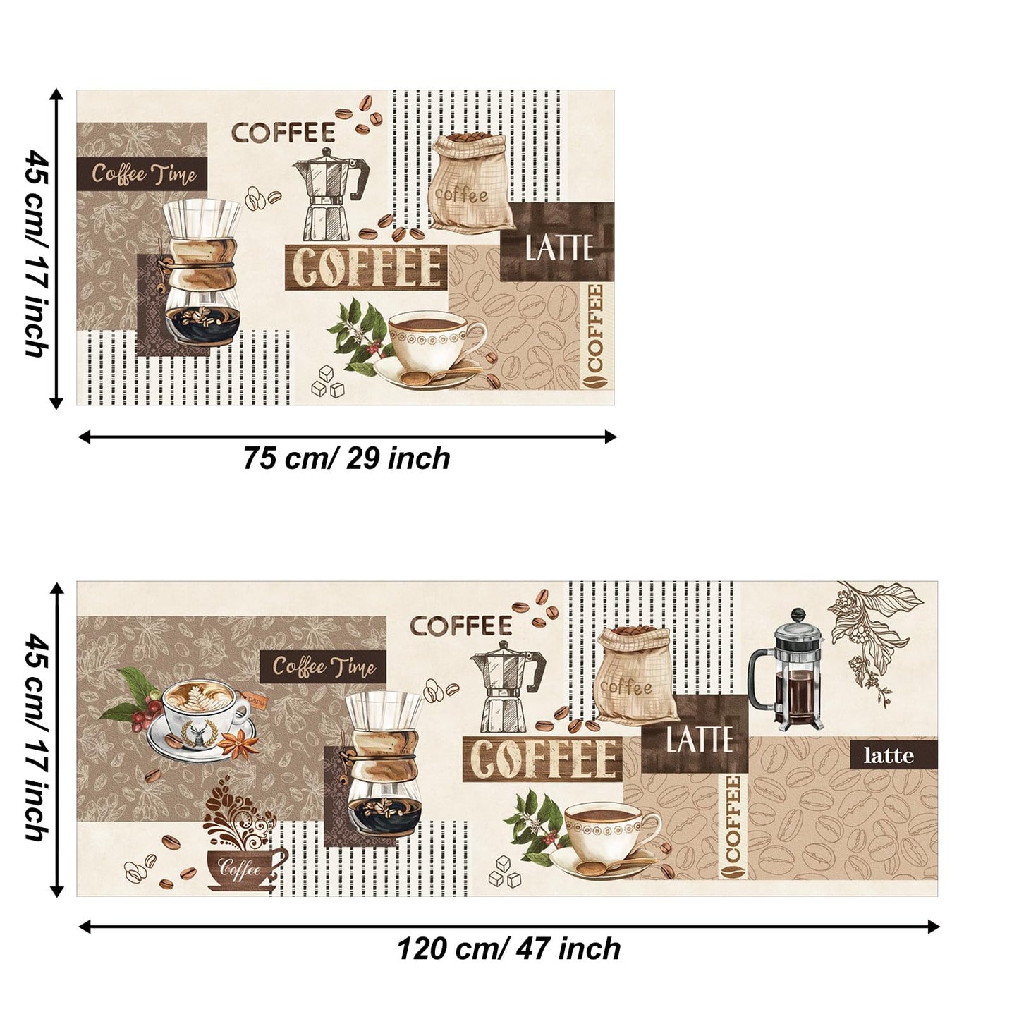 comfoyar 2 Piece Kitchen Mat Set, Coffee Non-Slip Waterproof Kitchen Rugs and Runner Sets Cushioned Kitchen Floor Comfort Standing Mats for Kitchen, Sink, Office, Laundry, 17"x47"+17"x30"