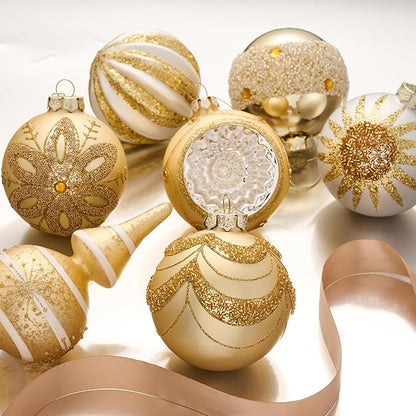 Valery Madelyn Glass Christmas Ornaments Set, 10ct White Gold Mercury Blown Glass Christmas Tree Ball Decorations, Luxury Xmas Hanging Teardrop Finial Faceted Reflector for Holiday Decor