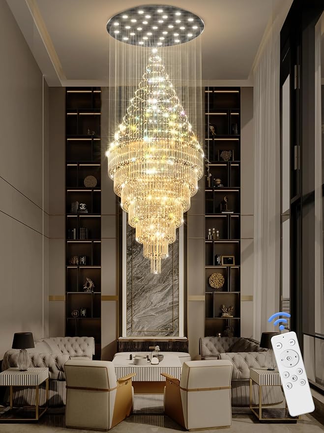 Flashing God D59''X H120'' Extra Large Chandelier for High Ceilings Crystal Raindrop Chandeliers Large Chandelier for Villa Entrance Foyer LED Dimmable Black Large Light Fixture