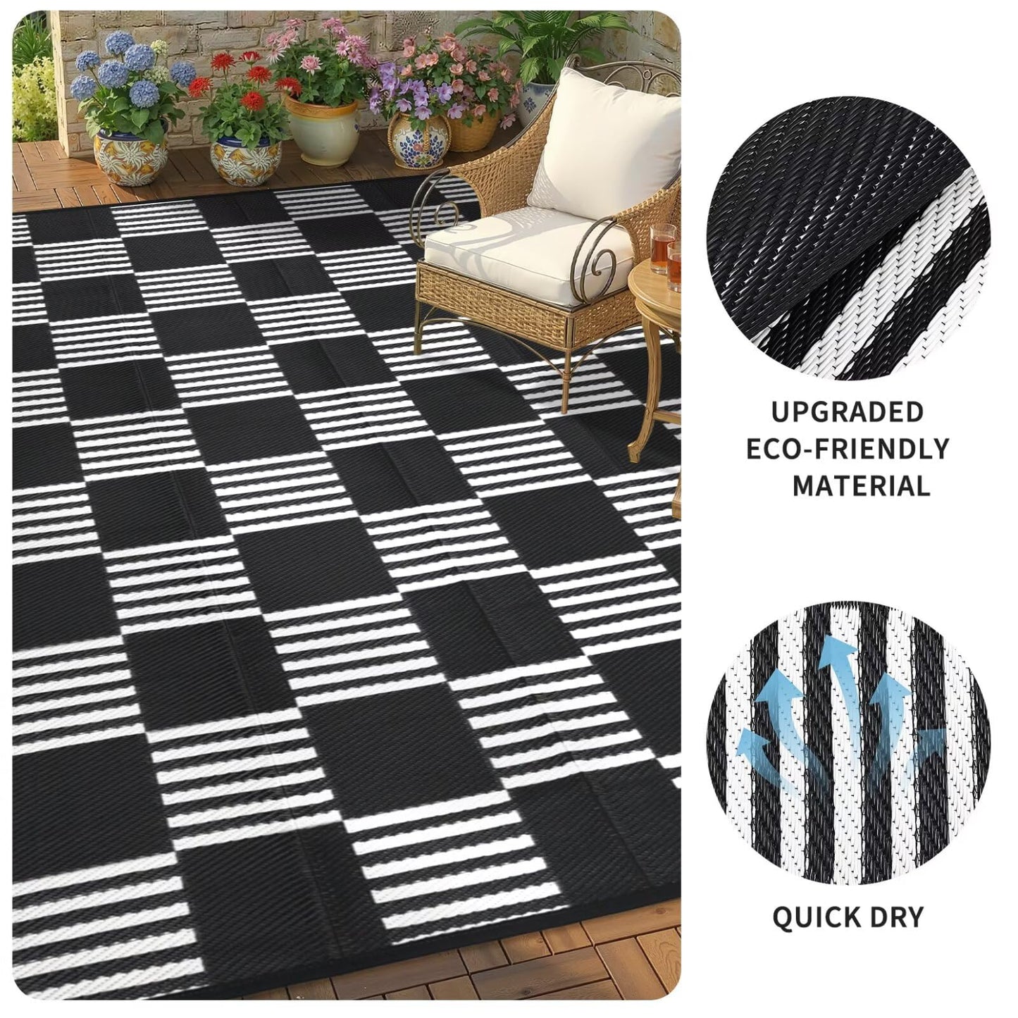 Garvee Waterproof Outdoor Rug 5x8, Checkered Foldable Plastic Straw Patio Camping Rug, Outdoor RV Carpet for Deck Camper Porch Balcony Backyard Picnic Beach Black and White