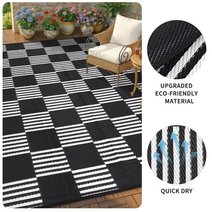 Garvee Waterproof Outdoor Rug 5x8, Checkered Foldable Plastic Straw Patio Camping Rug, Outdoor RV Carpet for Deck Camper Porch Balcony Backyard Picnic Beach Black and White