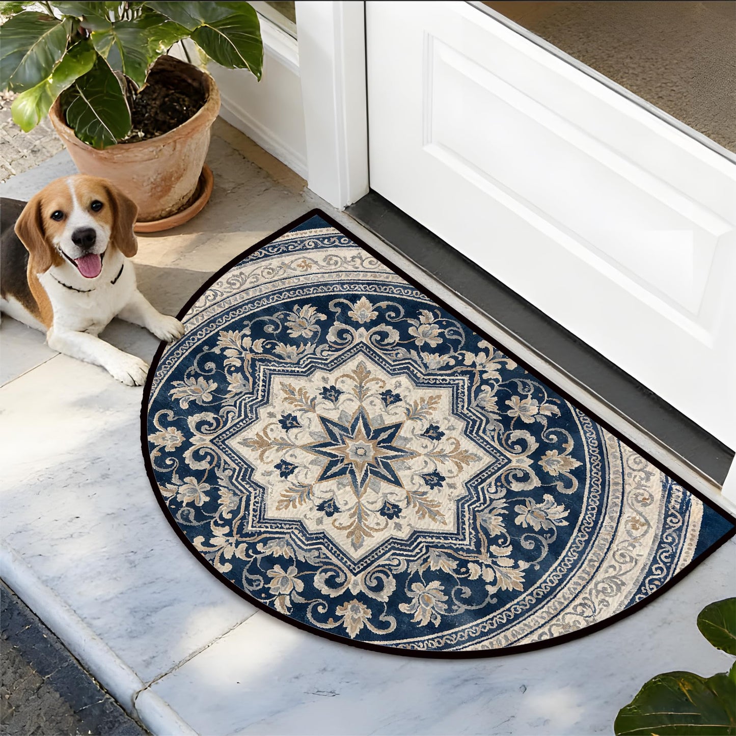 NYZE Semi Circle Door Mat Half Round Welcome Mat Non Slip Low-Pile Absorbent Half Circle Entryway Rug for Bathroom Bedroom Laundry Room(Mandala, 24"×36")