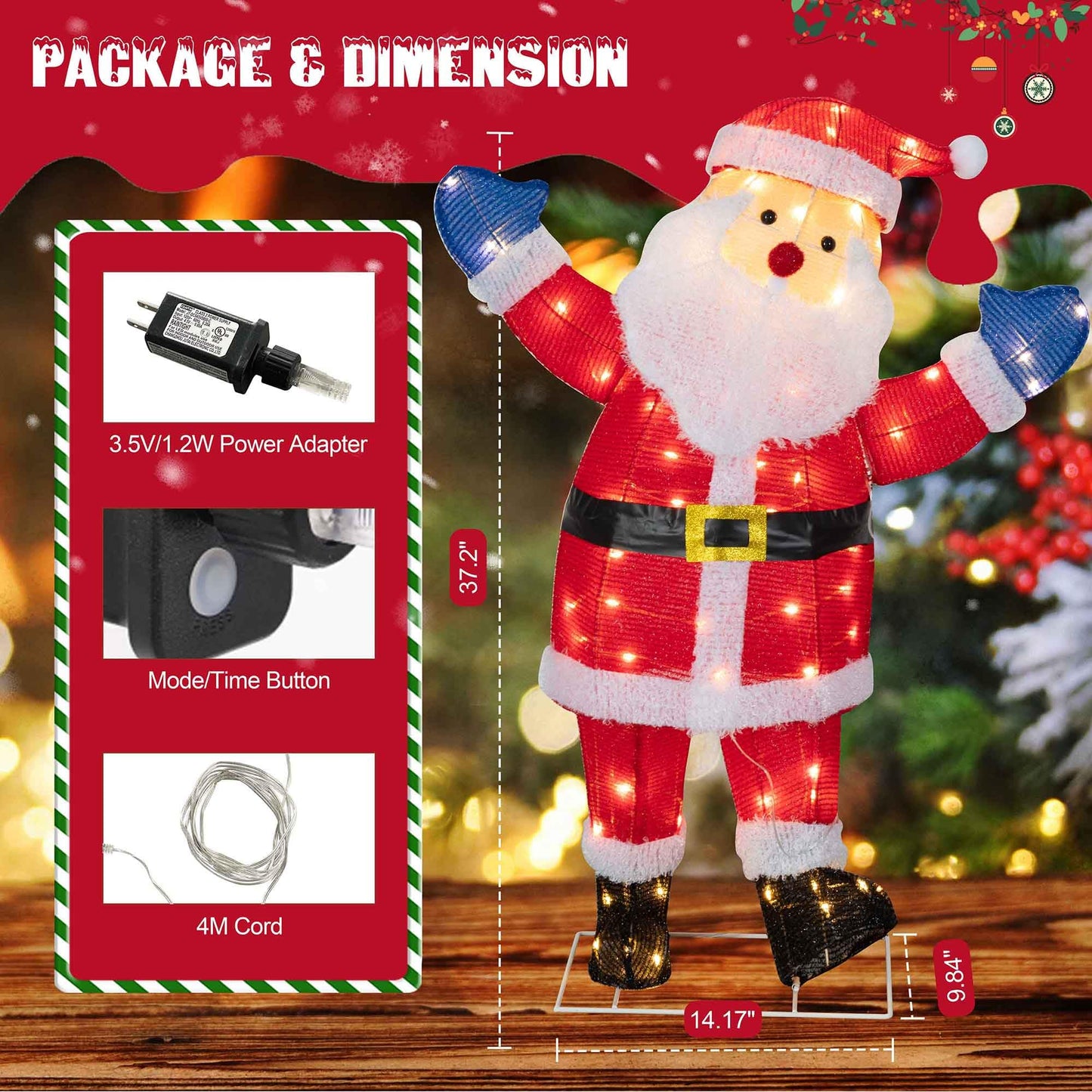 Shintenchi 3ft Lighted Christmas Santa Claus, Outdoor Pop-up Holiday Decoration with 80 LED Lights, 3D Pre-Lit Light-Up Decor for Yard, Garden, Lawn & Patio