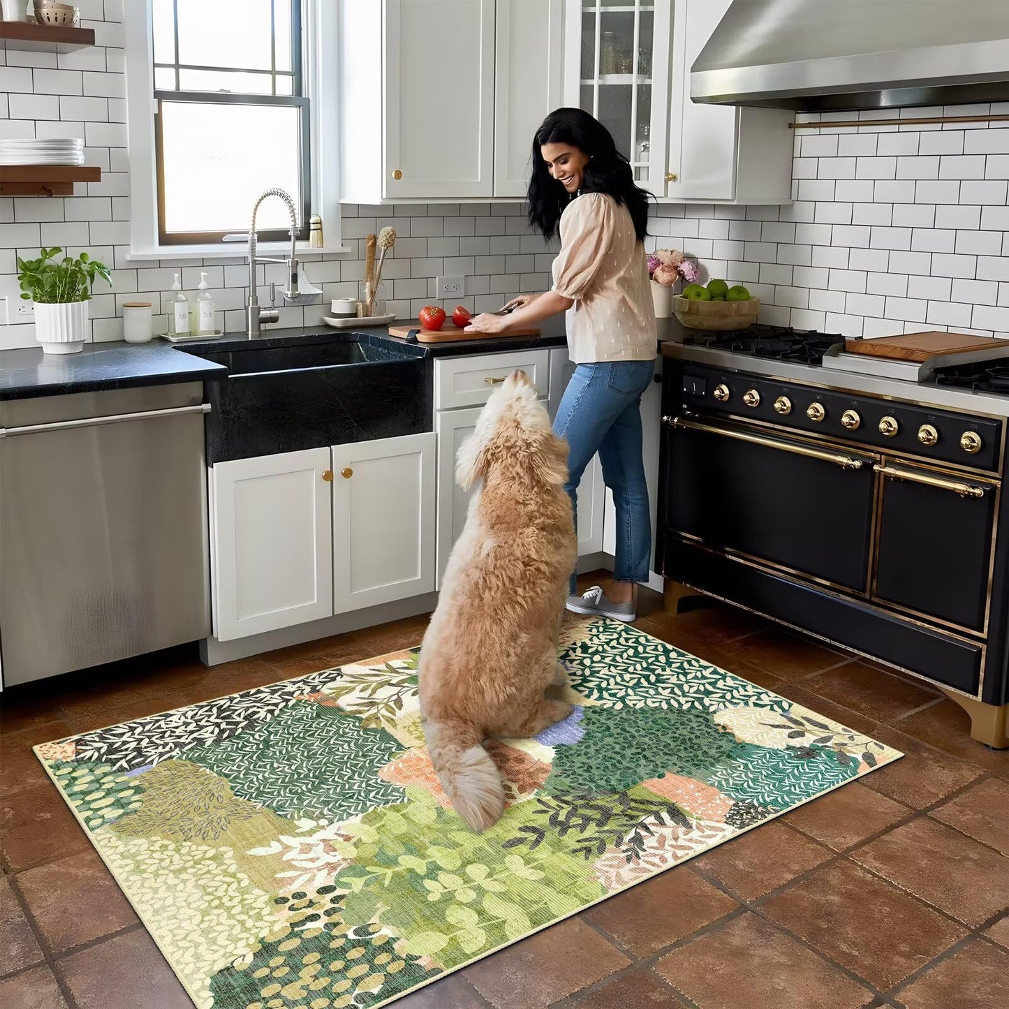 DEXDE Washable Area Rug 3x5 for Living Room, Tropical Vintage Leaf Botanical Rugs Non Slip Soft Kids Room,Abstract Small Boho Carpet for Bedroom, Entryway, Kitchen, Office Dining Room,Green