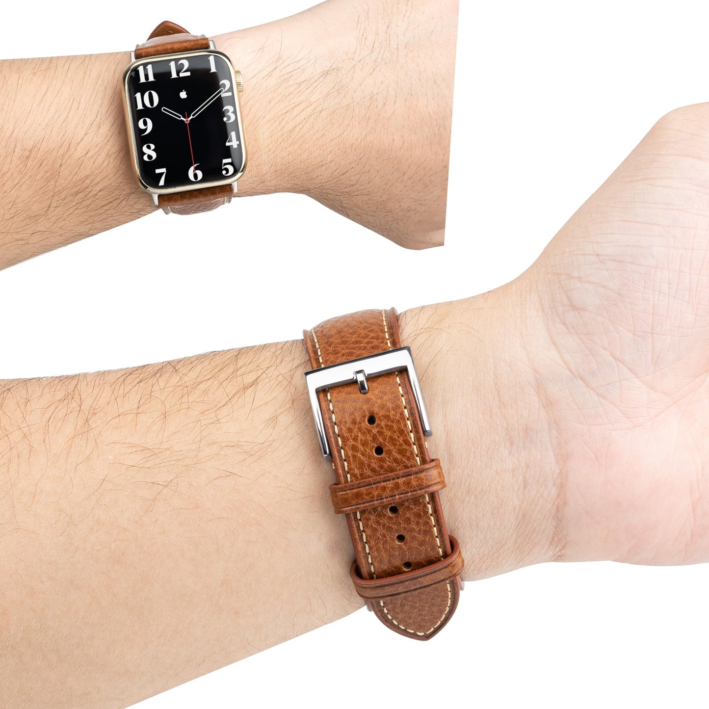 GOMVADR Top Grain Leather Band Compatible with Apple Watch, Tan Brown with Silver Buckle, Genuine Leather Strap for iWatch Series 9/8/7/6/5/4/3/2/1/SE/Ultra, 44/45/49mm (Tan Brown with Silver Buckle, 44/45/46 （24mm/Men's Size）)